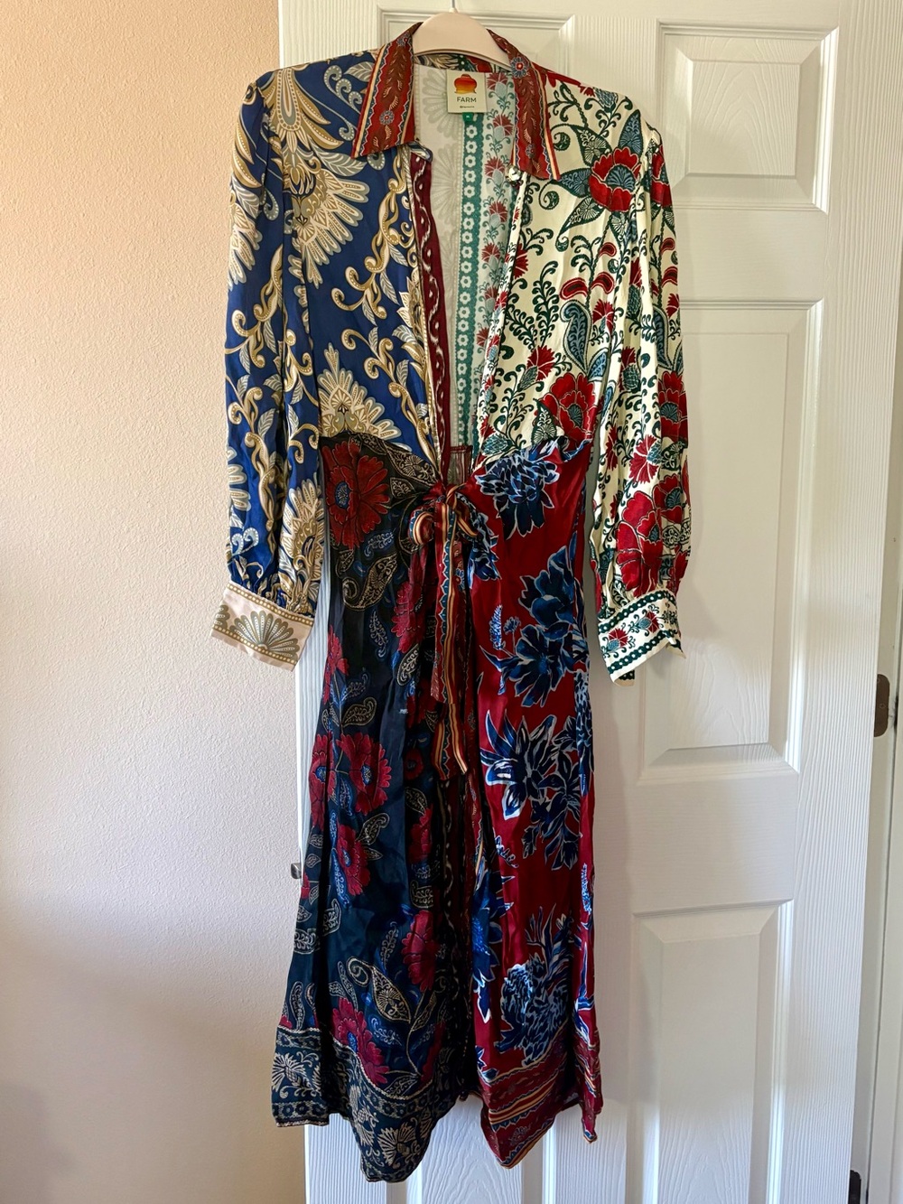 FARM Rio Patchwork Floral Tie-Waist Maxi Dress — Red, Blue, Cream